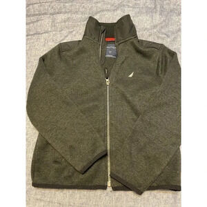 Nautica Boy's Size Small Gray Fleece Zip Front Jacket Black Vinyl Shoulder